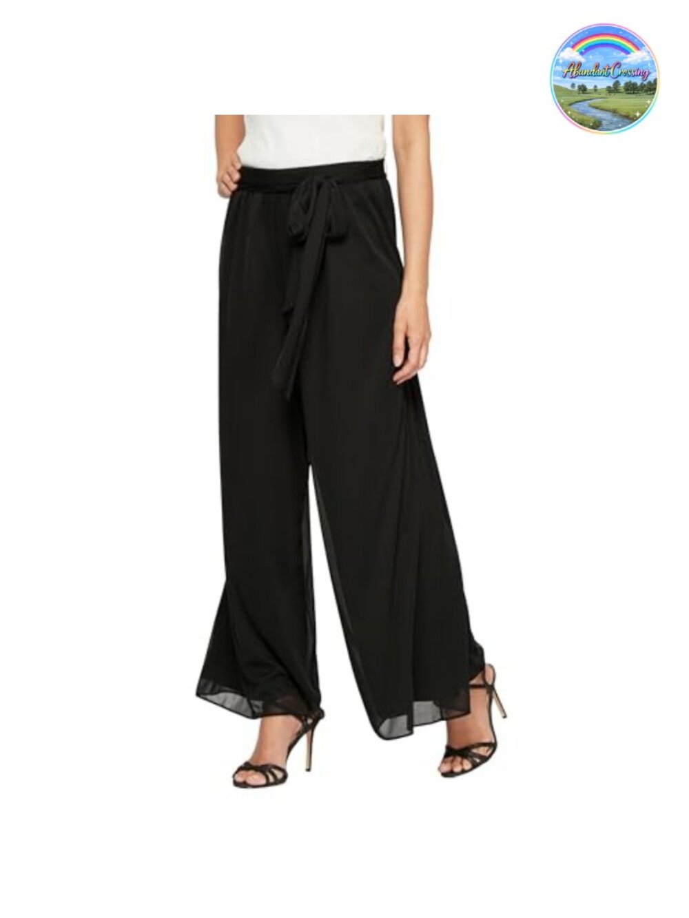 Wide Leg Chiffon Dress Pants High Rise Relaxed Polyester Black